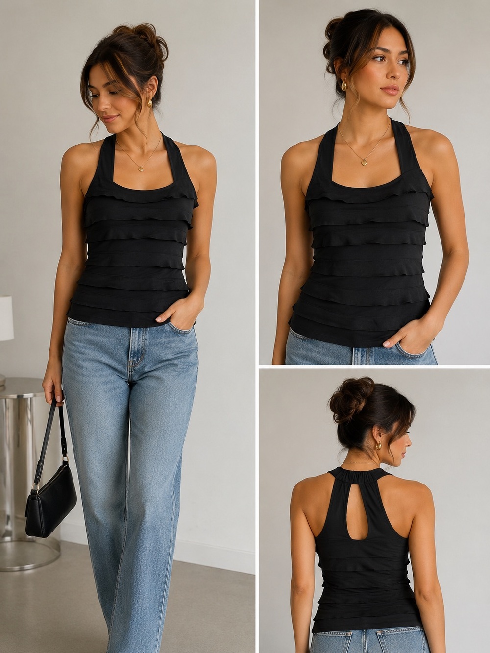 White House Black‎ Market Black Tiered Ruffle Halter Racerback Tank Top XS